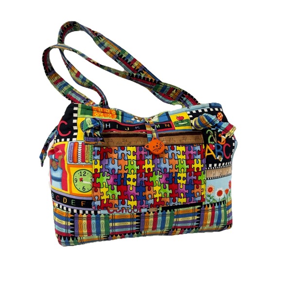 Vintage Handbags - Vintage Teacher Tote Bag ABC Crayon School Theme Cotton Canvas 13.5x10.5 Exc Con